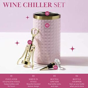 Paris Hilton Wine Bottle Chiller Set, Insulated Double Wall Chiller, Gold Winged Corkscrew Wine Bottle Opener, Diamond Wine Stopper, 3-Piece Set, Pink