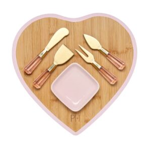 paris hilton charcuterie board and serving set, bamboo serving board, ceramic dish, cheese utensils with titanium coated blades, 6-piece set, pink