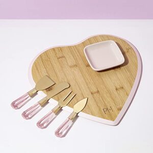 Paris Hilton Charcuterie Board and Serving Set, Bamboo Serving Board, Ceramic Dish, Cheese Utensils with Titanium Coated Blades, 6-Piece Set, Pink