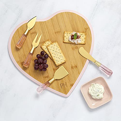 Paris Hilton Charcuterie Board and Serving Set, Bamboo Serving Board, Ceramic Dish, Cheese Utensils with Titanium Coated Blades, 6-Piece Set, Pink