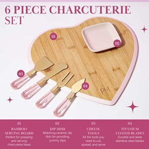 Paris Hilton Charcuterie Board and Serving Set, Bamboo Serving Board, Ceramic Dish, Cheese Utensils with Titanium Coated Blades, 6-Piece Set, Pink