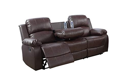 AYCP Living Room Reclining Sofa|Bonded Leather Upholstery|Manual Recliner Sofa with Drop Down Table & Cupholders (Brown, Sofa), (GS28XX)