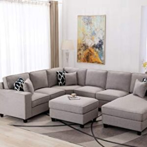 Legend Vansen Linen-Like Fabric Flexible Combination Loose Back Cushions Wooden Legs Modular Seating Component Ottoman Sectional, 124", Light Grey