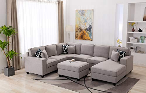 Legend Vansen Linen-Like Fabric Flexible Combination Loose Back Cushions Wooden Legs Modular Seating Component Ottoman Sectional, 124", Light Grey