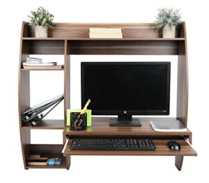 mind reader wall mounted floating wood desk table with storage shelves and cable management, space saving computer shelf, office, brown