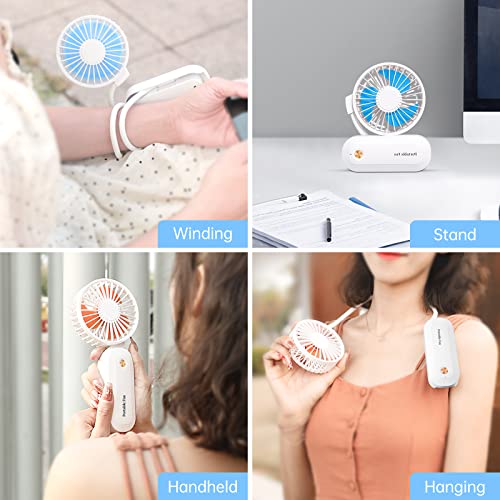 LIKEMIC Mini Handheld Fan, Portable Fan for Travel Stroller Rechargeable, Handheld / Neck Hanging / Winding / Desktop 4 in 1 Versatile Fan, 3 Speeds, 4-10 Hours Working Times, Quiet(Blue)