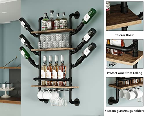 MAIKAILUN Wine Rack Wall Mounted with 4 Stem Glass Holder, Industrial Bar Shelves 34in Metal Hanging Stemware Mugs Rack, Floating Pipe Shelf, Living Room Kitchen Decor Display Wood Rack Black