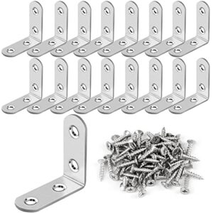 16 Pcs L Bracket Stainless Steel Corner Brace Sets, 90 Degree Right Angle Bracket with 64 Pcs Screws, L Bracket Firmware Can Be Used for Wooden Shelves, Chairs, Tables, Dressers, Furniture