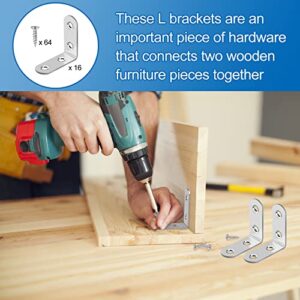 16 Pcs L Bracket Stainless Steel Corner Brace Sets, 90 Degree Right Angle Bracket with 64 Pcs Screws, L Bracket Firmware Can Be Used for Wooden Shelves, Chairs, Tables, Dressers, Furniture