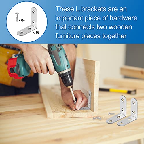 16 Pcs L Bracket Stainless Steel Corner Brace Sets, 90 Degree Right Angle Bracket with 64 Pcs Screws, L Bracket Firmware Can Be Used for Wooden Shelves, Chairs, Tables, Dressers, Furniture