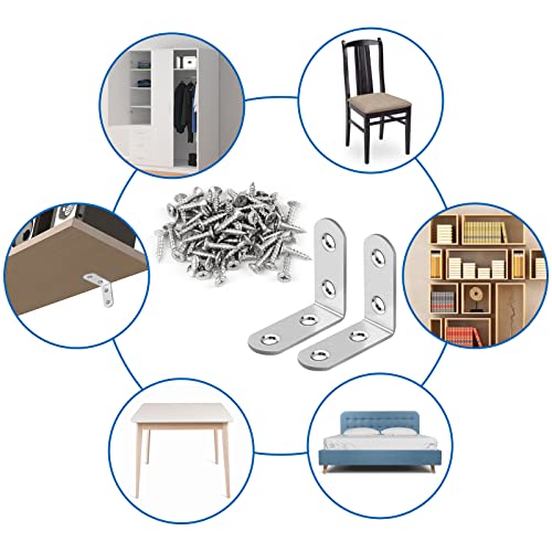 16 Pcs L Bracket Stainless Steel Corner Brace Sets, 90 Degree Right Angle Bracket with 64 Pcs Screws, L Bracket Firmware Can Be Used for Wooden Shelves, Chairs, Tables, Dressers, Furniture