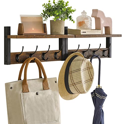 YMYNY Coat Rack Shelf Wall Mounted, Coat Hooks Set of 2, Entryway Coat Hanger with 8 Hooks, 31.5" Wall Floating Shelf with Hat Rack, for Kitchen, Bedroom, Bathroom, Rustic Brown UHWS001H-2