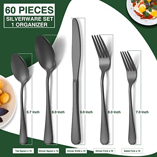 60-Piece Black Silverware Set with Organizer, AIVIKI Stainless Steel Flatware Set for 12, Cutlery Utensil Sets for Home Restaurant, Include Knife Fork Spoon Set, Mirror Polished