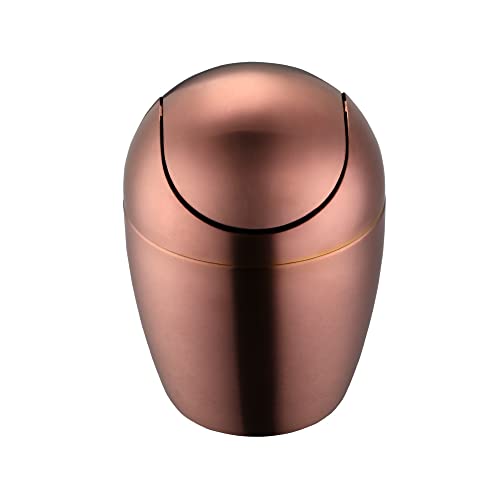 Mini Desktop Trash Can With Swing Lid, Copper Metal Garbage Can, Premium Stainless Steel 18/10 Reusable Waste Bin For Kitchen Bathroom Office Dressing Table Counter Top, Egg Shaped(Copper, 0.4 Gallon)