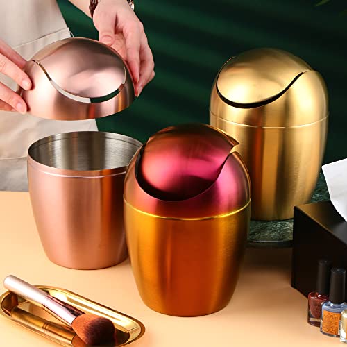 Mini Desktop Trash Can With Swing Lid, Copper Metal Garbage Can, Premium Stainless Steel 18/10 Reusable Waste Bin For Kitchen Bathroom Office Dressing Table Counter Top, Egg Shaped(Copper, 0.4 Gallon)