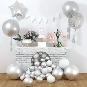 FEPITO Metallic Silver Balloons Garland Kit 84 Pcs Chrome Silver Balloon Different Sizes Pack 18 12 10 5 Inch Silver Party Balloons for Wedding Birthday Graduation Anniversary Bridal Silver Party Decor