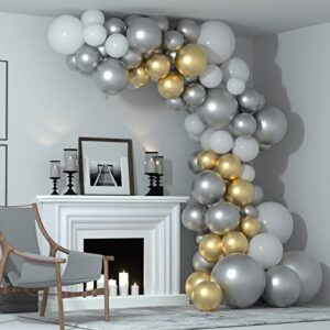 FEPITO Metallic Silver Balloons Garland Kit 84 Pcs Chrome Silver Balloon Different Sizes Pack 18 12 10 5 Inch Silver Party Balloons for Wedding Birthday Graduation Anniversary Bridal Silver Party Decor