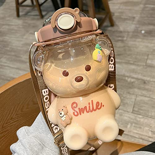 JQWSVE Kawaii Straw Bottle, , Leak-Proof Cute Kawaii Bear Water Bottle with Stickers for Girls School Office Travel