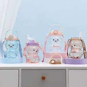 JQWSVE Kawaii Straw Bottle, , Leak-Proof Cute Kawaii Bear Water Bottle with Stickers for Girls School Office Travel