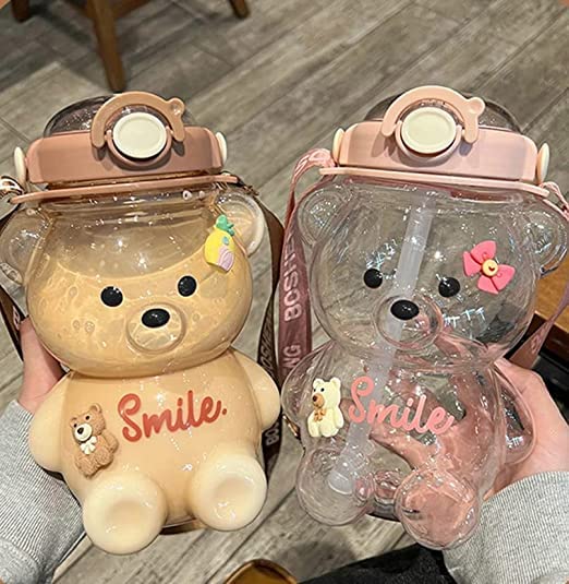 JQWSVE Kawaii Straw Bottle, , Leak-Proof Cute Kawaii Bear Water Bottle with Stickers for Girls School Office Travel