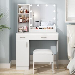 fameill white vanity desk with mirror and lights,makeup vanity with 2 drawers lots storage,vanity table with lighted mirror,3 lighting colors, brightness adjustable,35in(l)