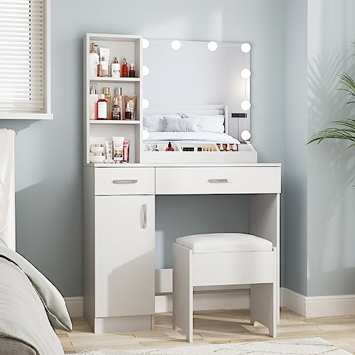 Fameill White Vanity Desk with Mirror and Lights,Makeup Vanity with 2 ...