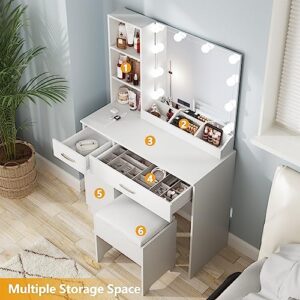 Fameill White Vanity Desk with Mirror and Lights,Makeup Vanity with 2 Drawers Lots Storage,Vanity Table with Lighted Mirror,3 Lighting Colors, Brightness Adjustable,35in(L)