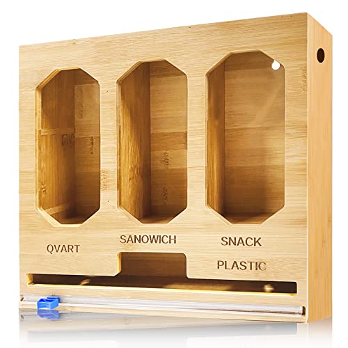 Ziplock Bag Organizer for Drawer, Bamboo Ziplock Baggie Organizer and Wrap Holder for Kitchen, Applies to Quart,Sandwich,Snack,Wax,Plastic, 4-Slot Wrap Dispenser with Cutter