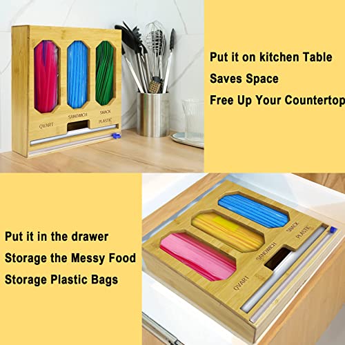 Ziplock Bag Organizer for Drawer, Bamboo Ziplock Baggie Organizer and Wrap Holder for Kitchen, Applies to Quart,Sandwich,Snack,Wax,Plastic, 4-Slot Wrap Dispenser with Cutter