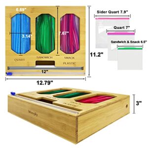 Ziplock Bag Organizer for Drawer, Bamboo Ziplock Baggie Organizer and Wrap Holder for Kitchen, Applies to Quart,Sandwich,Snack,Wax,Plastic, 4-Slot Wrap Dispenser with Cutter