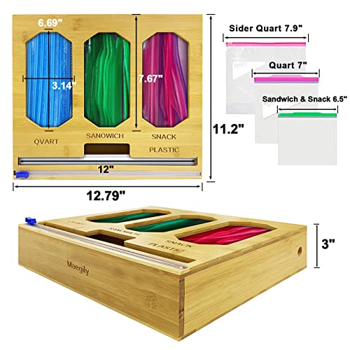 Ziplock Bag Organizer for Drawer, Bamboo Ziplock Baggie Organizer and Wrap Holder for Kitchen, Applies to Quart,Sandwich,Snack,Wax,Plastic, 4-Slot Wrap Dispenser with Cutter