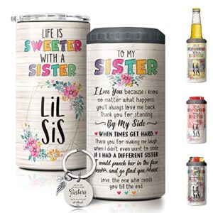 sandjest sisters gifts from sister tumblers - 4-in-1 tumbler can cooler cup - 12oz stainless steel insulated can coozie travel mug birthday, christmas lil sissy gift from soul sister, brother, bestie
