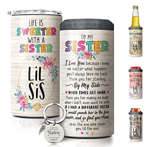 SANDJEST Sisters Gifts from Sister Tumblers - 4-in-1 Tumbler Can Cooler Cup - 12oz Stainless Steel Insulated Can Coozie Travel Mug Birthday, Christmas Lil Sissy Gift from Soul Sister, Brother, Bestie