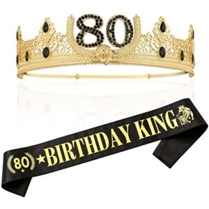 80th birthday king crown and birthday king sash,80th birthday gifts for men. birthday party decoration for men(gold)