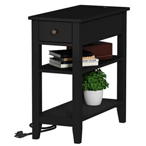choochoo narrow end table with charging station, side table living room with usb ports & power outlets and hidden drawer, 3-tier skinny nightstand with 2 open storage shelves for small place (black)