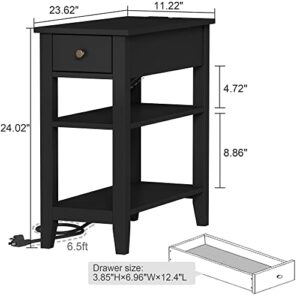 ChooChoo Narrow End Table with Charging Station, Side Table Living Room with USB Ports & Power Outlets and Hidden Drawer, 3-Tier Skinny Nightstand with 2 Open Storage Shelves for Small Place (Black)