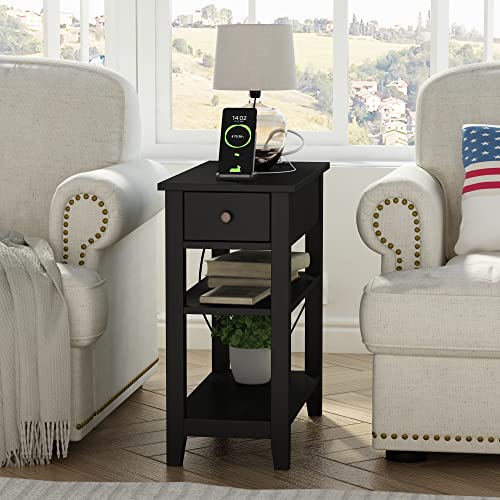 ChooChoo Narrow End Table with Charging Station, Side Table Living Room with USB Ports & Power Outlets and Hidden Drawer, 3-Tier Skinny Nightstand with 2 Open Storage Shelves for Small Place (Black)