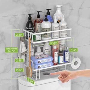 FREDI Over The Toilet Storage, 2-Tier Bathroom Organizer Shelf Organizer Shelve No Drill Space Saver with Hanging Hook Toilet Paper Holder for Kitchen, Bathroom, White