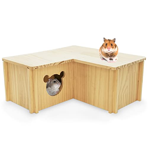 Fhiny Wooden Hamster House, Multi-Chamber Hamster Hideout & Tunnel Detachable Activity Room Exploring Toys Rats Habitat Decor for Dwarf Hamsters Gerbils Mice Lemmings (Large)