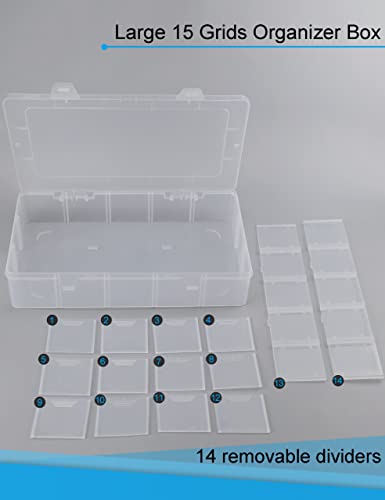 Hlotmeky Plastic Organizer Box with Dividers Bead Organizer 15 Large Grids Tackle Box Organizer Clear Snackle Box Container