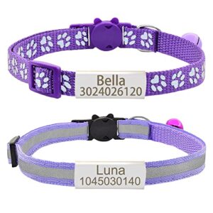 personalized 2 pack reflective cat collar,custom breakaway cat collars with name tag and bell,anti-lost nameplate cat collar for girls & boys (purple,fit 8''-11.0'')
