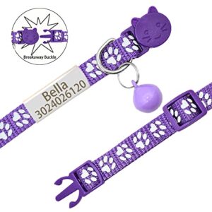 Personalized 2 Pack Reflective Cat Collar,Custom Breakaway Cat Collars with Name Tag and Bell,Anti-Lost Nameplate Cat Collar for Girls & Boys (Purple,fit 8''-11.0'')