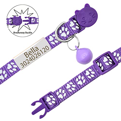 Personalized 2 Pack Reflective Cat Collar,Custom Breakaway Cat Collars with Name Tag and Bell,Anti-Lost Nameplate Cat Collar for Girls & Boys (Purple,fit 8''-11.0'')