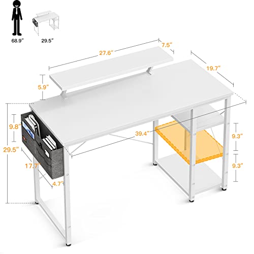 ODK 39 Inch Computer Desk with Monitor Stand and Reversible 2-Tier Storage Shelves, Home Office Desks, Work Study PC Office Desk for Small Spaces, White Desk with Shelves