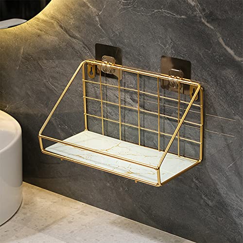 Shower Caddy Bathroom Wall Mount Rust Proof No Drill College for Women Girls Bottle Holder Adhesive Basket Organizer Gold, Gold+white, S size