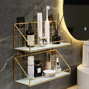 Shower Caddy Bathroom Wall Mount Rust Proof No Drill College for Women Girls Bottle Holder Adhesive Basket Organizer Gold, Gold+white, S size