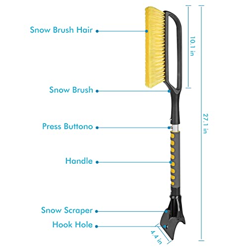 Henoty 27 Inch Snow Brush and Detachable Ice Scraper with Comfortable Foam Grip and Detachable Scraper for Cars,Trucks, SUVs, Windshield (Heavy Duty ABS, PVC Brush)