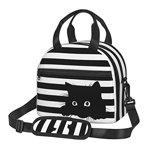 Cute Cat Black And White Striped Background Lunch Bag Funny Animal Kitten Reusable Insulated Lunch Tote Bag Lunchbox Container With Adjustable Shoulder Strap For Office Work School Picnic Travel