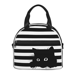 Cute Cat Black And White Striped Background Lunch Bag Funny Animal Kitten Reusable Insulated Lunch Tote Bag Lunchbox Container With Adjustable Shoulder Strap For Office Work School Picnic Travel