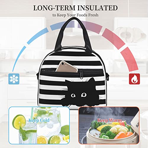 Cute Cat Black And White Striped Background Lunch Bag Funny Animal Kitten Reusable Insulated Lunch Tote Bag Lunchbox Container With Adjustable Shoulder Strap For Office Work School Picnic Travel